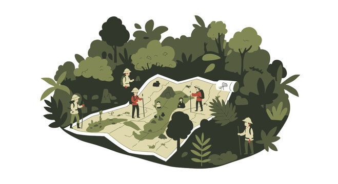 Adventure hikers navigating a trail on a large map illustration