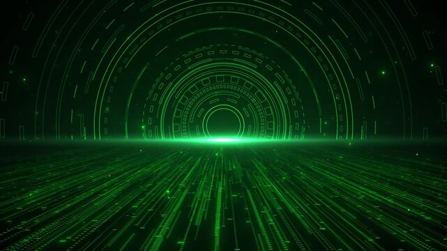 Green futuristic digital tunnel glows circular interface rings, data style floor lines, deep sci fi perspective. technology intros, cyber software promos, gaming visuals, AI content, virtual