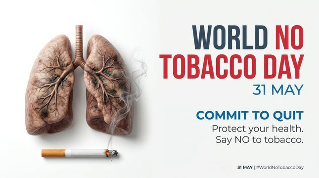 World No Tobacco Day poster with damaged human lungs and cigarette, anti-smoking campaign banner for 31 May, commit to quit tobacco health concept