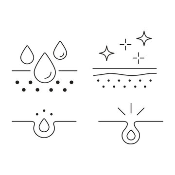 Vector outline icons for dermatology, featuring skin moisturizing, pore care, and glowing skin health.