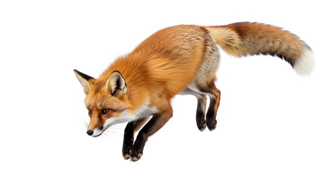 A beautiful red fox jumping and running through the forest in the daytime