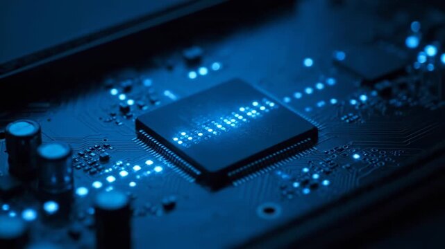 Close-up of a circuit board with glowing blue lights emanating from components