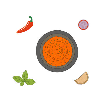sambal pattern seamless. indonesian chili paste in mortar. cobek ulekan traditional food background. spicy sauce swirl texture. asian cooking ingredient. minimal clean vector illustration. 