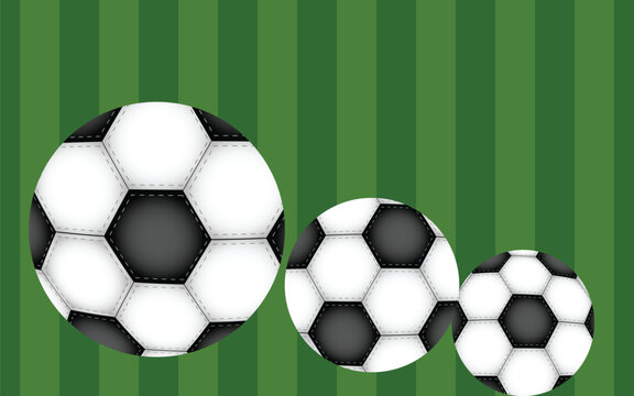 Soccer balls arranged by size on a green striped field background vector illustration design