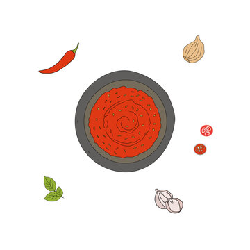 sambal pattern seamless. indonesian chili paste in mortar. cobek ulekan traditional food background. spicy sauce swirl texture. asian cooking ingredient. minimal clean vector illustration. 