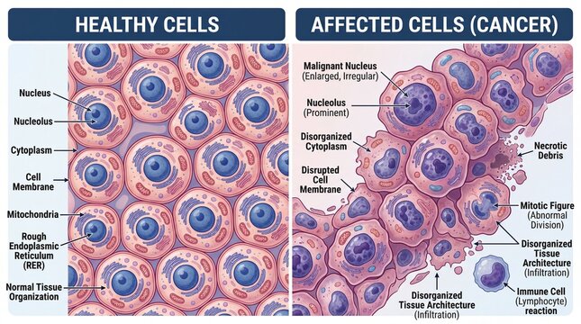 Comparing healthy and affected cells showing cancer characteristics