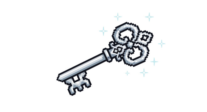 A pixel art vector of an ornate silver key featuring decorative scrollwork and surrounded by shimmering blue stars on a white backdrop.