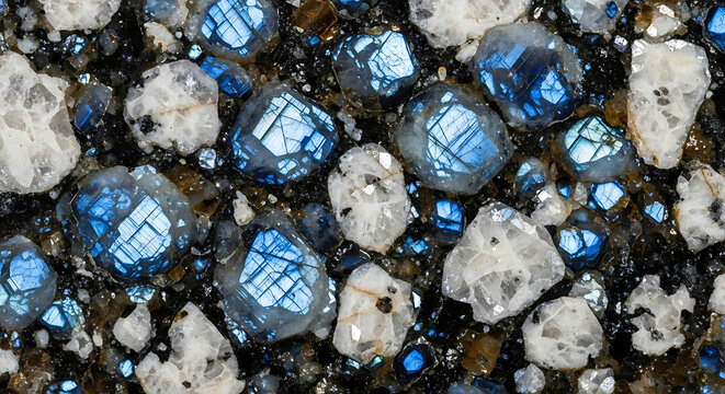 Microscopic view of vibrant blue and white mineral crystals embedded in a dark volcanic rock matrix showcasing stunning geological patterns and petrography textures