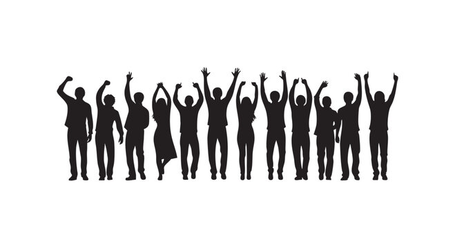 Silhouettes of a diverse group of people raising hands in unity and celebration expressing community and togetherness illustration.