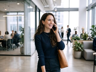 Fototapeta premium Smiling businesswoman talking on smartphone in modern office. Professional woman with leather bag using mobile phone at work. Corporate communication concept