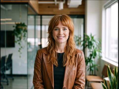 Stylish redhead woman in leather jacket in modern office. Professional female entrepreneur with long hair and bangs. Creative workspace and career success concept