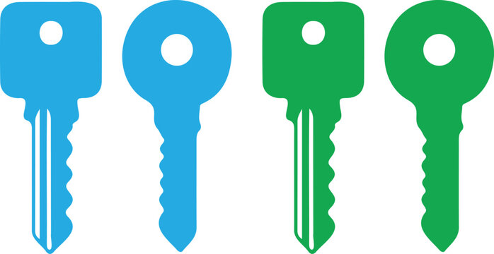 Four keys, two blue and two green, flat on white background, blue keys green keys