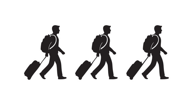 Three men with backpacks and suitcases walking, silhouette icon for travel and tourism concept.