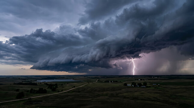 Dramatic storm clouds and lightning strike over open plains landscape