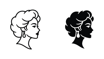Elegant side profile portrait of woman with short wavy hair and drop earrings in black and white line art and solid silhouette vector icon © Spline