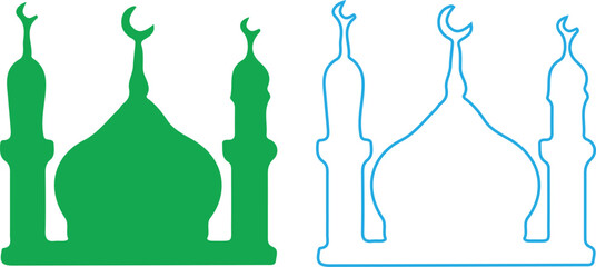 Green mosque silhouette with blue outline, crescent moon, islamic architecture © Vexora