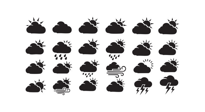 Weather icon set with various conditions, collection of clouds, sun, rain, wind, and lightning symbols.