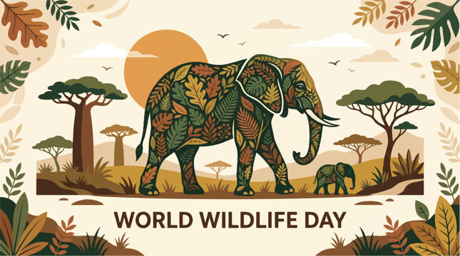 Vibrant world wildlife day illustration featuring a majestic adult elephant adorned with colorful foliage patterns walking alongside its young calf in a stylized african savanna landscape