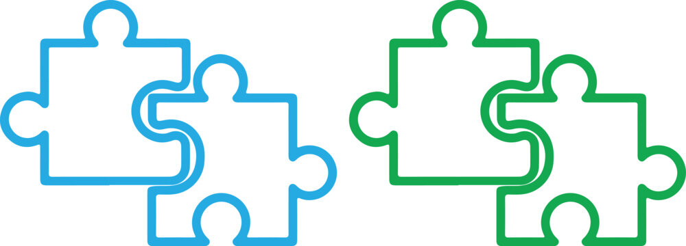 Interlocking puzzle pieces, blue and green outlines on white background