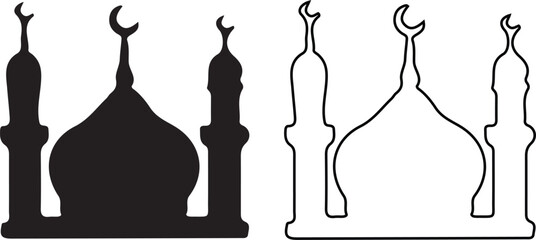 Mosque silhouettes, black and outline, crescent moon finials white © Vexora