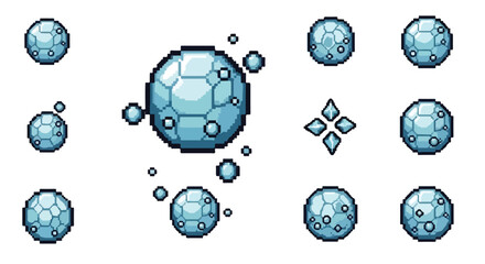 A collection of light blue pixel art icons depicting crystalline or icy spheres and a star-shaped gem on a white background. © Nabila