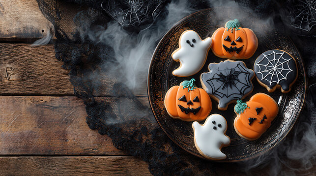 Cookies shaped like ghosts and pumpkins on a dark plate with spiderweb decoration for Halloween celebration