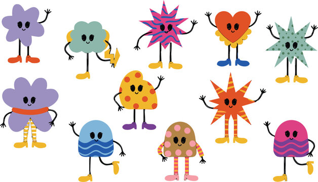 Funny abstract shapes characters, comic emoji, cartoon set. Playful flat vector illustration set of 12 cute abstract blob characters, emotions and expressions. Flat vector illustration isolated
