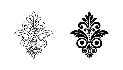 Vintage floral damask scroll ornament vector graphic in outline and solid black styles for luxury invitation cards and ornate decorative border design elements and classic pattern creation purposes © Spline