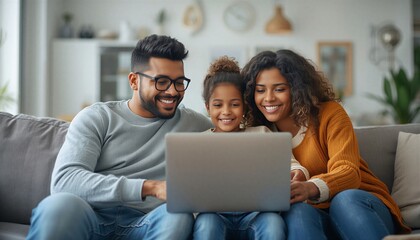 Fototapeta premium Family sits together on a comfortable sofa while smiling at a laptop screen in their bright living room.