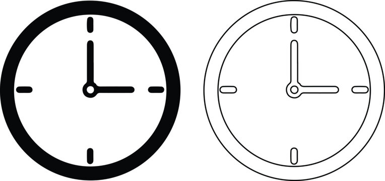 Two analog clocks, black and outline styles, on white background, black clock