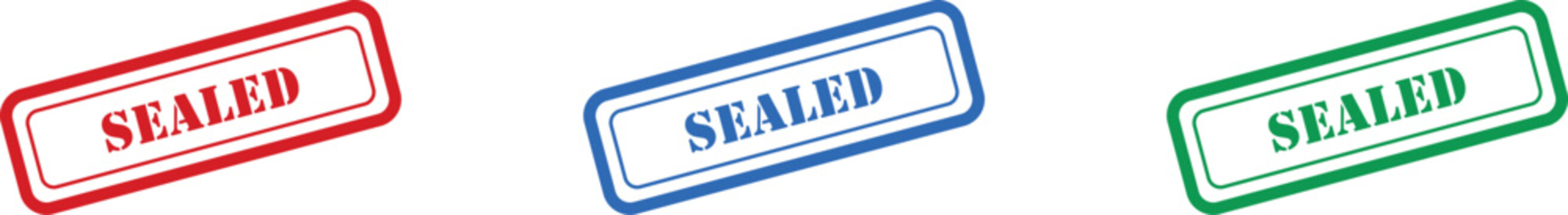 Three colorful rectangular rubber stamp graphics with the word SEALED displayed prominently
