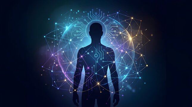 Abstract Human Silhouette with Digital Network and Light Effects