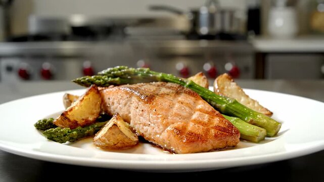 Close-up of a plate of cooked salmon, asparagus, and potatoes; a culinary delight
