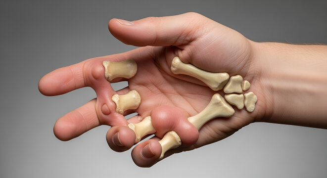 Anatomical illustration of a human hand showing the skeletal structure of fingers and palm bones