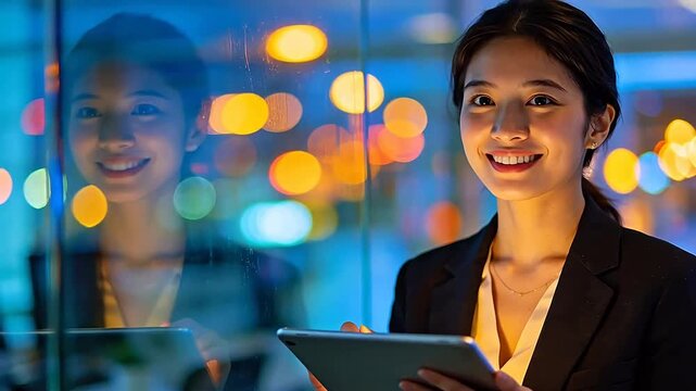 Smiling woman using tablet in office