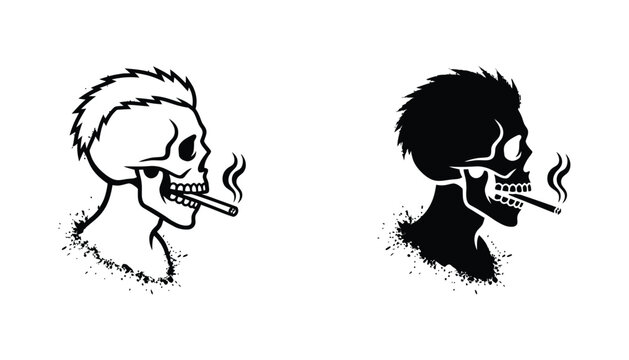 Side profile skull character smoking cigar with spiky hair vector graphic in outline and solid black silhouette styles