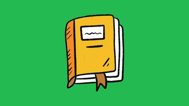Hand-Drawn Yellow Hardcover Book | 2D Animated Education Notebook on green screen | Playful Doodle Reading Graphic hand drawn animation 