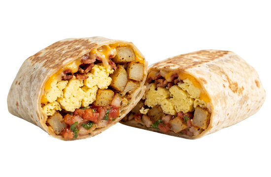 Large breakfast burrito cut in half, revealing internal layers of scrambled eggs, crispy breakfast potatoes, sausage, and melted cheese. Cleanly isolated on a white background.