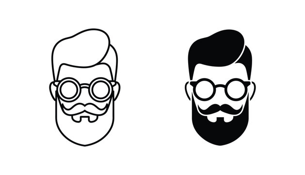 Hipster man head icon with round glasses and curled mustache in outline and solid black silhouette vector illustration