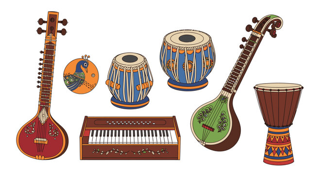 Traditional Indian musical instruments on white background