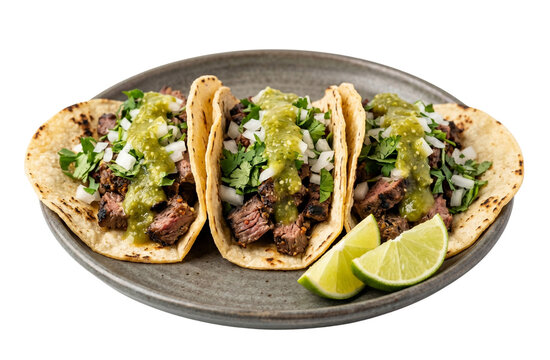 Three authentic Mexican street tacos with grilled steak meat, fresh cilantro, diced onions, and green salsa, served with lime wedges. High-quality isolated food photography for menus.