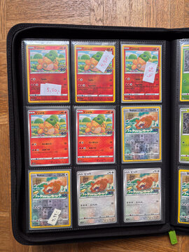 Hamburg, Germany - 04042026: open trading card binder filled with multiple unpeeled Ditto Pok&eacute;mon cards from the Pok&eacute;mon GO set, displayed on a wooden floor with price notes.