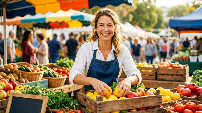 Radiant young female entrepreneur smiling warmly while arranging vibrant organic fruits and vegetables into rustic crates at bustling outdoor farmers market