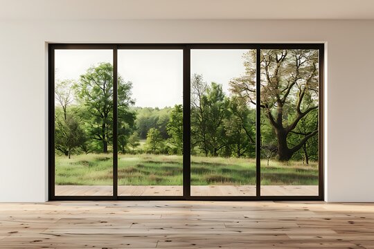 Minimalist white-framed sliding glass door opening to lush green garden