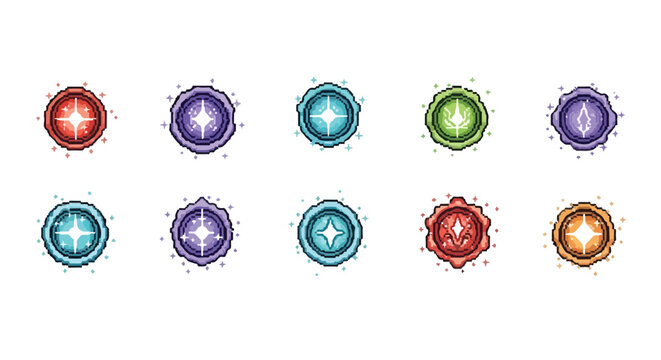A set of ten pixel-art magical orbs or gems in various colors, each featuring a glowing central symbol and surrounded by sparkles.
