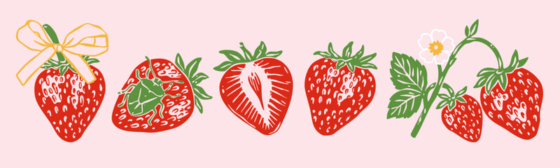 Juicy ripe Strawberry set. Whole, sliced berries, on branch, with leaves, flower, ribbon, bug. Healthy, fresh fruits. Hand drawn trendy Vector illustration. Isolated design elements