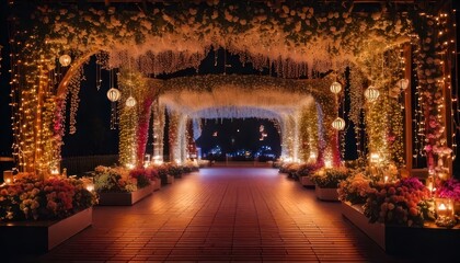 Obraz premium Enchanting Wedding Entrance Archway Illuminated by Warm Lights and Flowers.