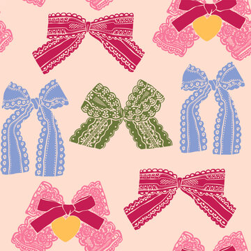 Elegant lace ribbon Bows. Various shapes, ornaments. Hand drawn Vector illustration. Wedding invitation, greeting card, Valentine day, fashion, decoration concept. Square seamless Pattern, background