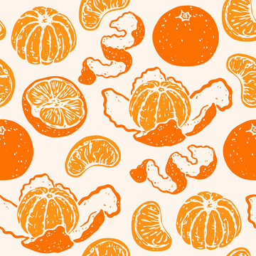 Delicious Tangerine set. Ripe orange mandarin satsuma fruit. Whole, sliced, peeled, piece, skin. Hand drawn trendy Vector illustration. Tasty, healthy food concept. Square seamless Pattern, wallpaper