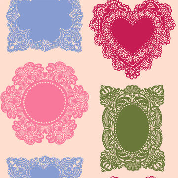 Elegant lace napkins, Frames. Various shapes, ornaments, crochet doily borders. Hand drawn Vector illustration. Wedding invitation, greeting card, Valentine day concept. Square seamless Pattern